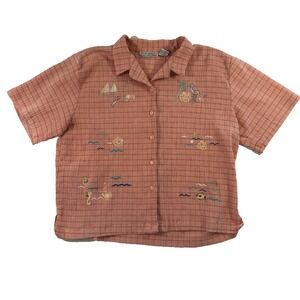 Kenneth‎ Too Women's 1X Pink Plaid Flamingo Embroidered Short Sleeve Button Up